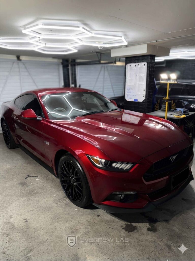 Professional Sydney car detailing on a new red Ford Mustang with graphene coating and Gtechniq interior ceramic protection.