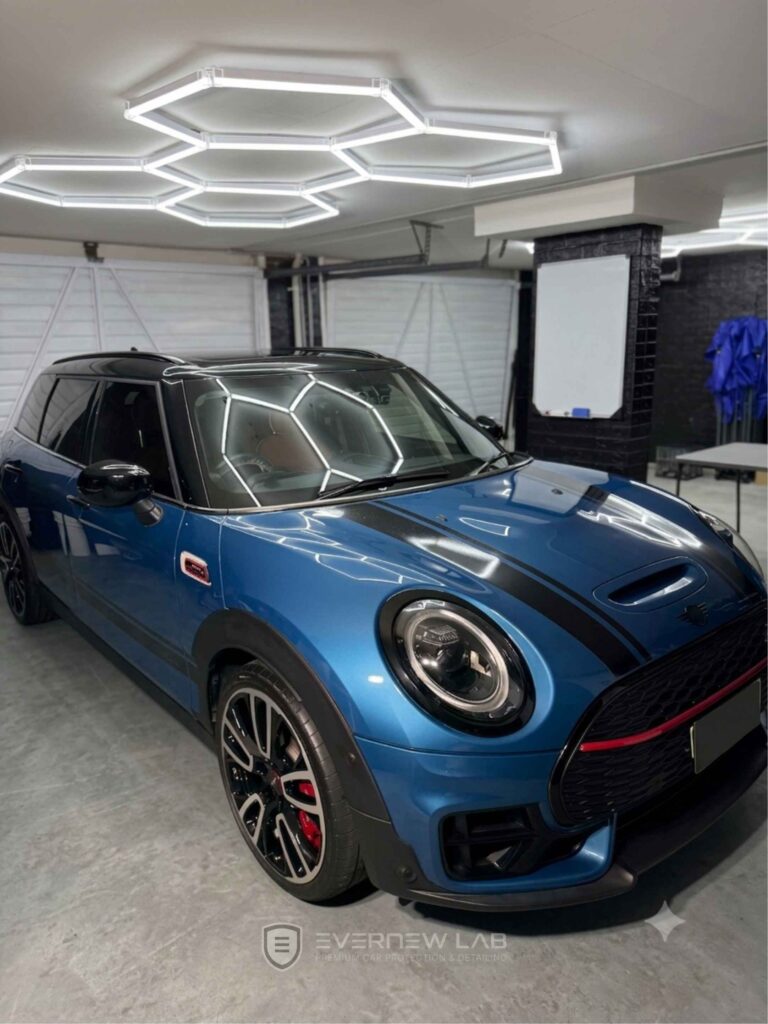 Blue MINI John Cooper Works Clubman after professional Gtechniq ceramic coating and premium car detailing in Sydney.