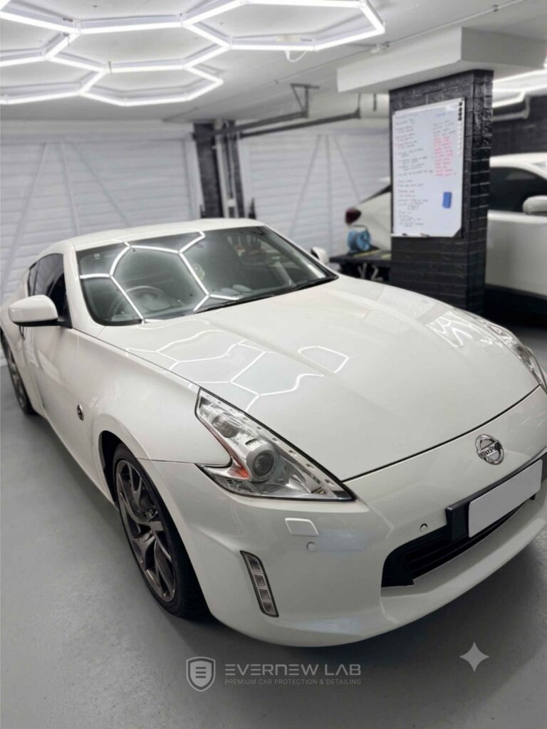 White Nissan 370Z after a full professional car detailing service in Sydney.