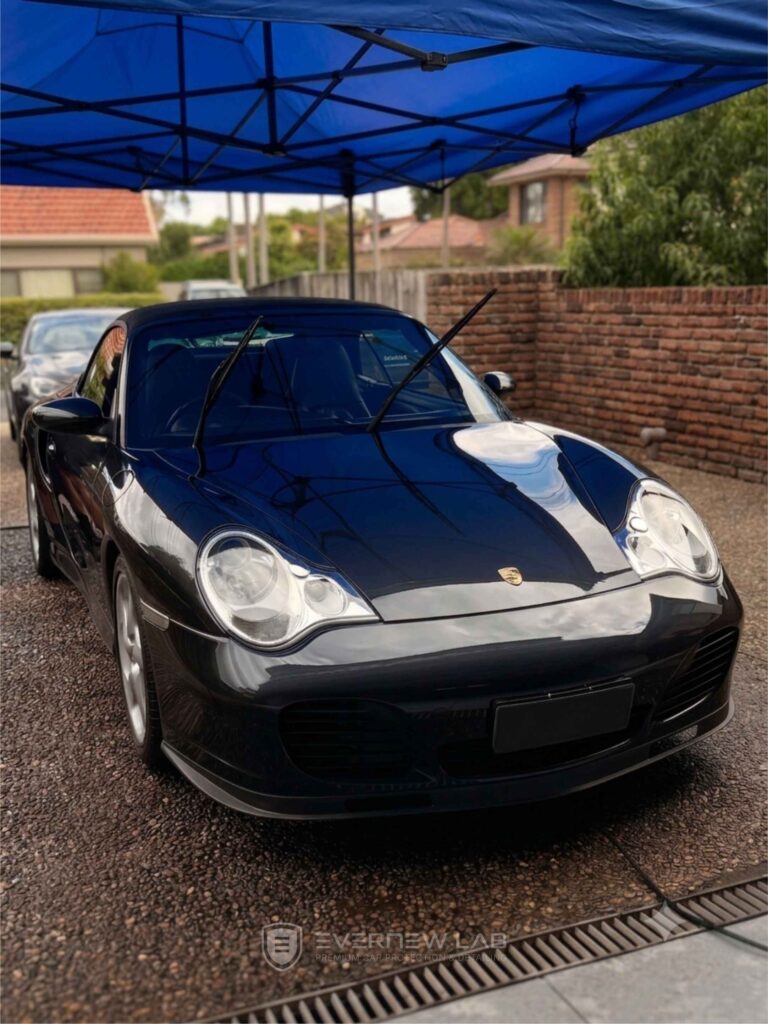 Black Porsche 911 Turbo receiving a premium luxury car detail in Sydney using safe, high-end products for delicate paintwork.